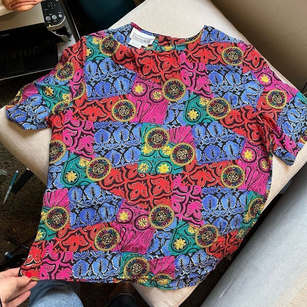 Vintage 80s 100% Silk Bright Colorful Print Sleeve, SZ L - Picture 4 of 12